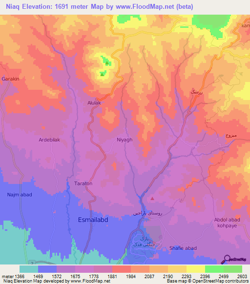 Niaq,Iran Elevation Map