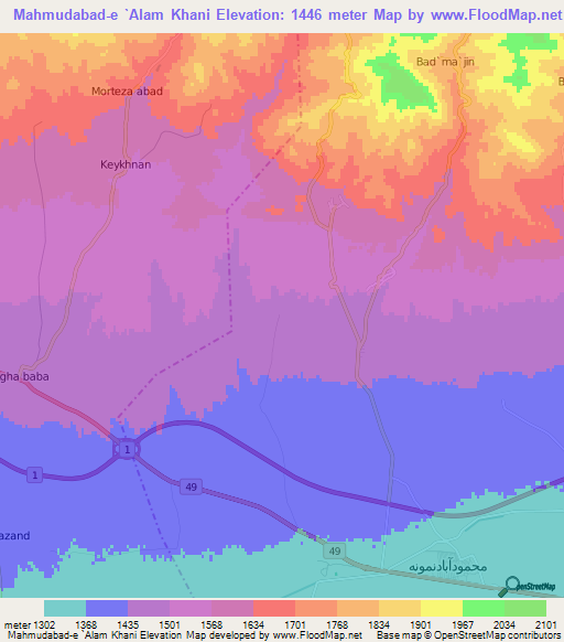 Mahmudabad-e `Alam Khani,Iran Elevation Map