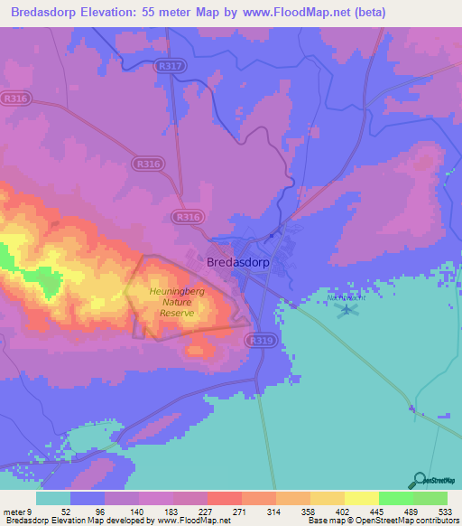 Bredasdorp,South Africa Elevation Map