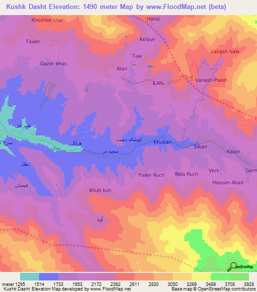 Kushk Dasht,Iran Elevation Map