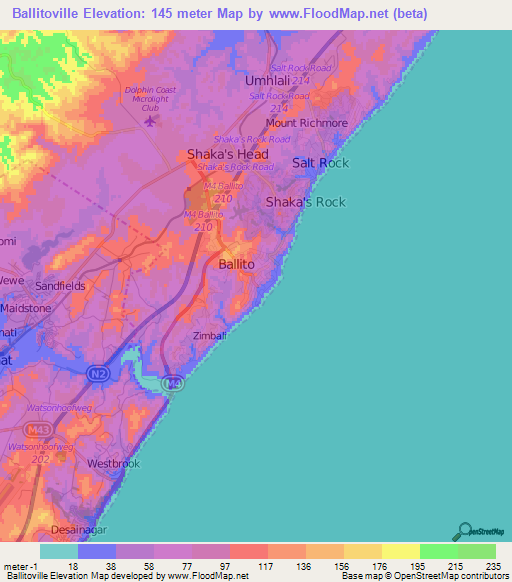 Ballitoville,South Africa Elevation Map