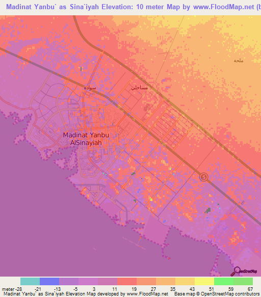 Madinat Yanbu` as Sina`iyah,Saudi Arabia Elevation Map
