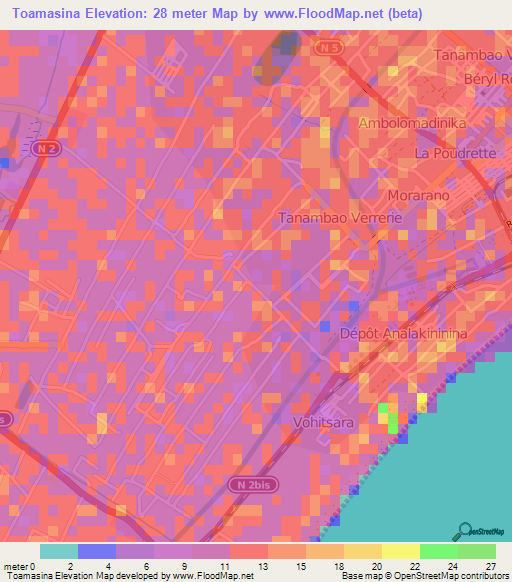 Toamasina,Madagascar Elevation Map