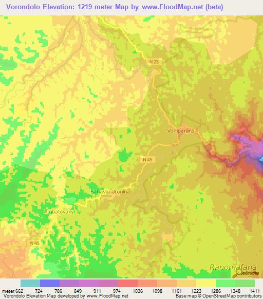Vorondolo,Madagascar Elevation Map