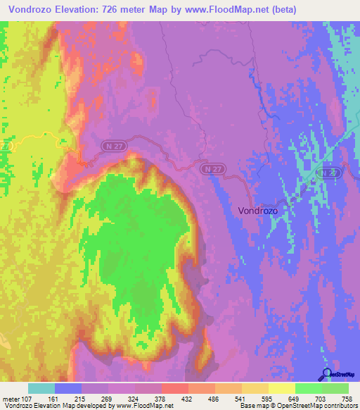 Vondrozo,Madagascar Elevation Map
