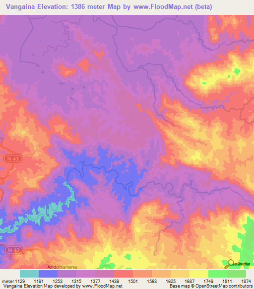 Vangaina,Madagascar Elevation Map