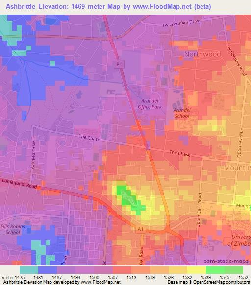 Ashbrittle,Zimbabwe Elevation Map