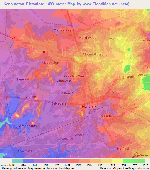 Kensington,Zimbabwe Elevation Map