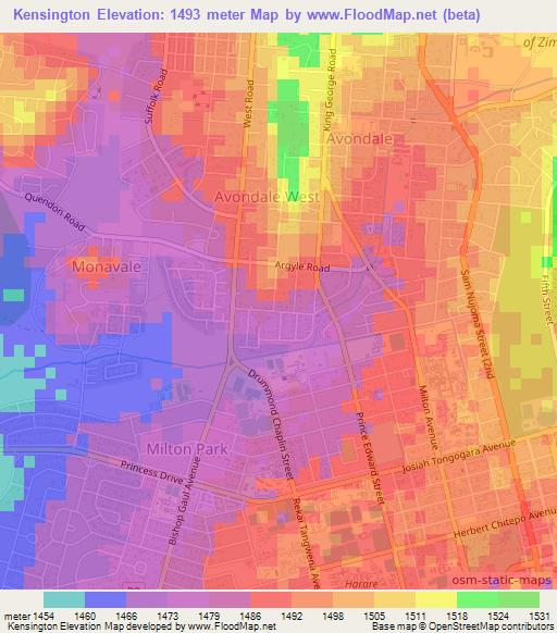 Kensington,Zimbabwe Elevation Map