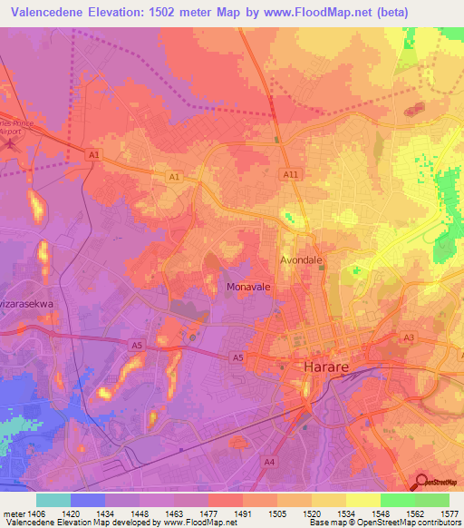 Valencedene,Zimbabwe Elevation Map