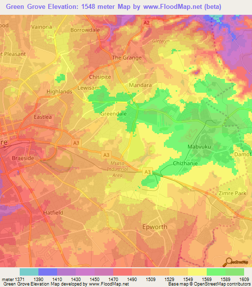 Green Grove,Zimbabwe Elevation Map