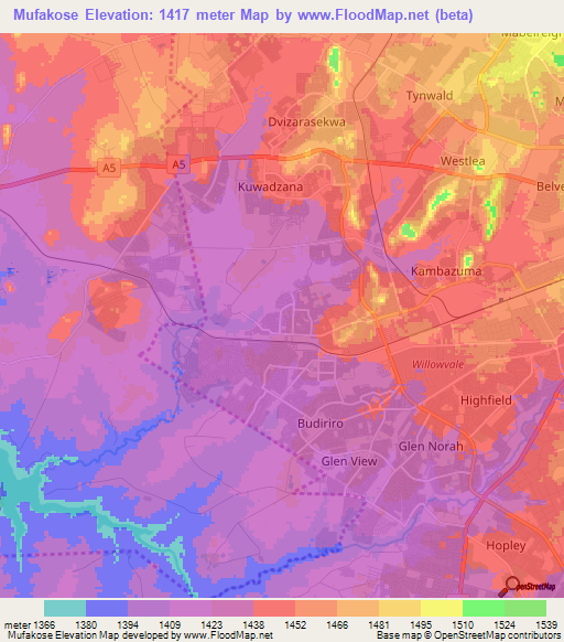 Mufakose,Zimbabwe Elevation Map