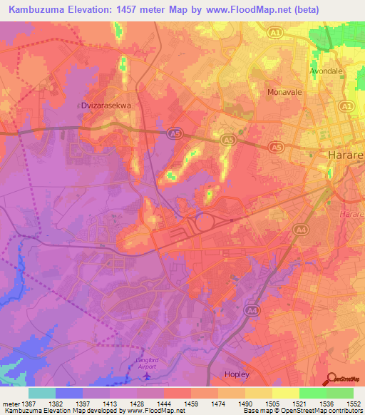 Kambuzuma,Zimbabwe Elevation Map