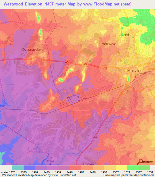 Westwood,Zimbabwe Elevation Map