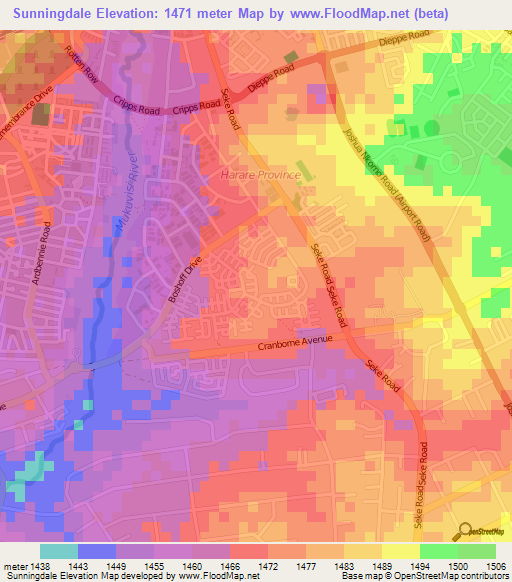 Sunningdale,Zimbabwe Elevation Map