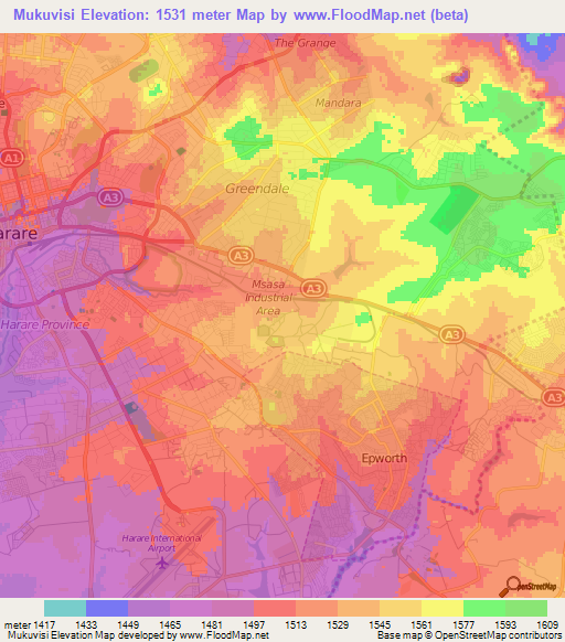 Mukuvisi,Zimbabwe Elevation Map