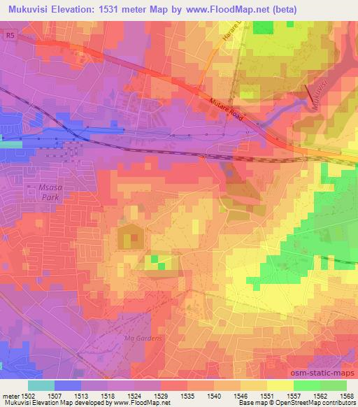 Mukuvisi,Zimbabwe Elevation Map