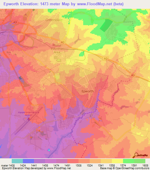 Epworth,Zimbabwe Elevation Map