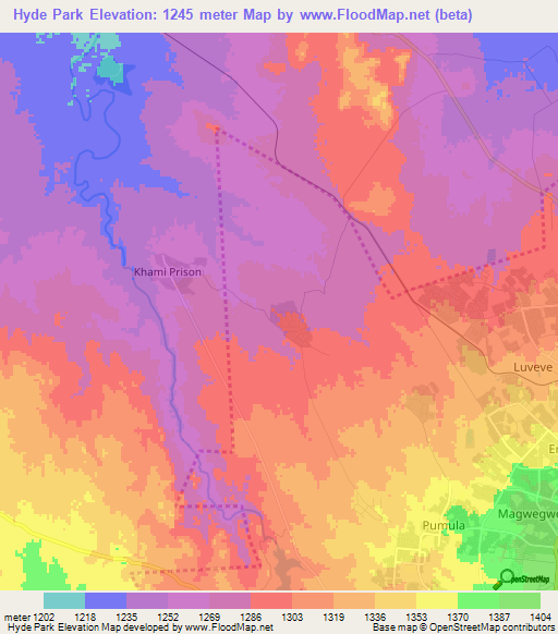 Hyde Park,Zimbabwe Elevation Map