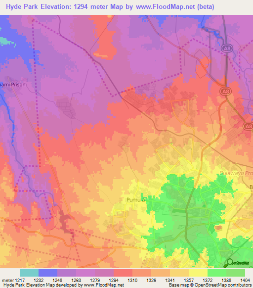Hyde Park,Zimbabwe Elevation Map