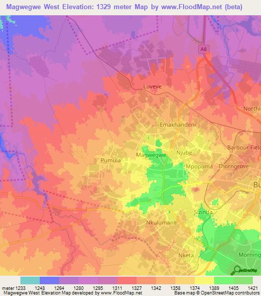 Magwegwe West,Zimbabwe Elevation Map