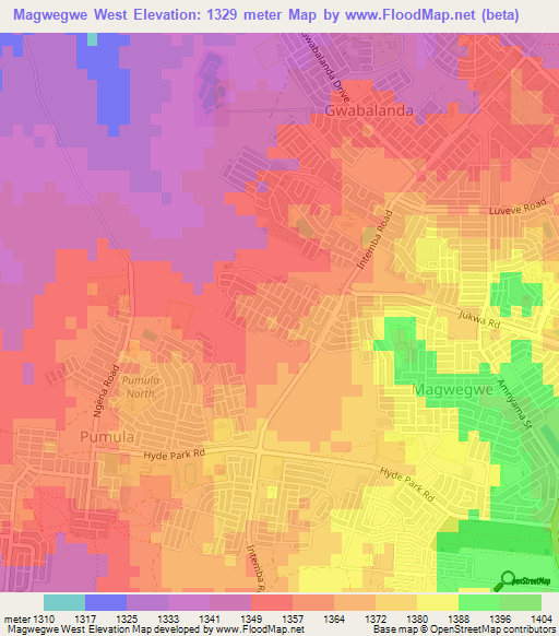 Magwegwe West,Zimbabwe Elevation Map