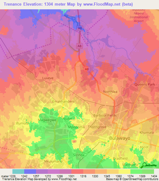 Trenance,Zimbabwe Elevation Map
