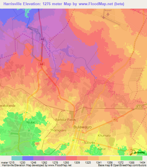 Harrisville,Zimbabwe Elevation Map