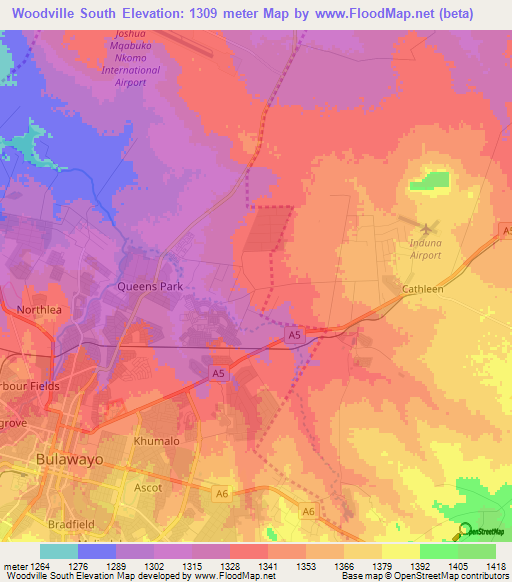 Woodville South,Zimbabwe Elevation Map