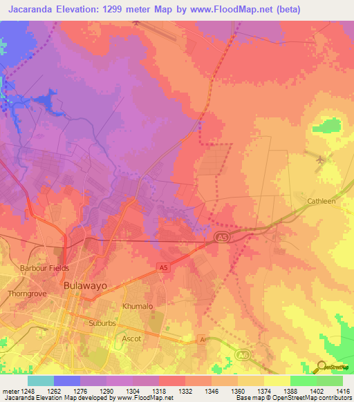 Jacaranda,Zimbabwe Elevation Map