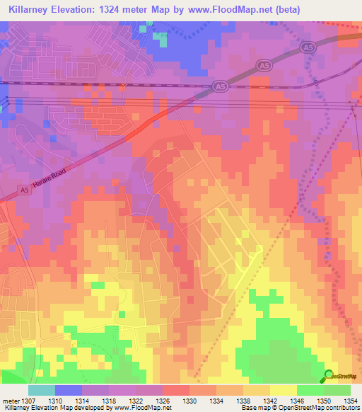 Killarney,Zimbabwe Elevation Map
