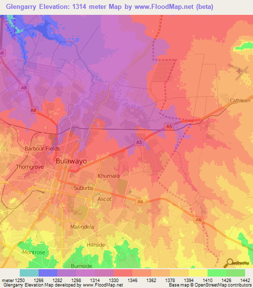 Glengarry,Zimbabwe Elevation Map