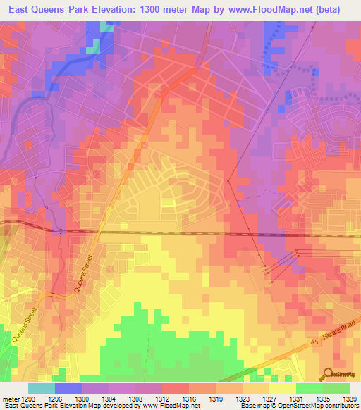 East Queens Park,Zimbabwe Elevation Map