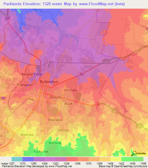 Parklands,Zimbabwe Elevation Map