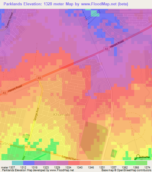 Parklands,Zimbabwe Elevation Map