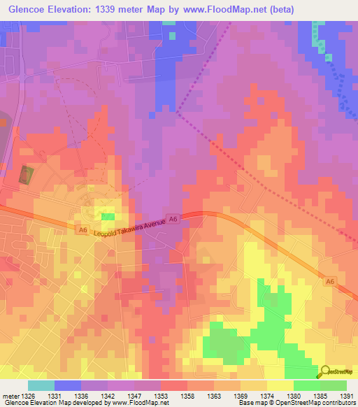 Glencoe,Zimbabwe Elevation Map