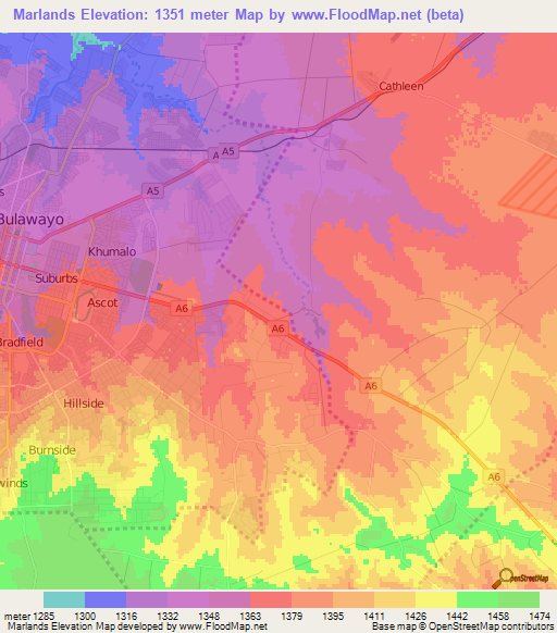 Marlands,Zimbabwe Elevation Map