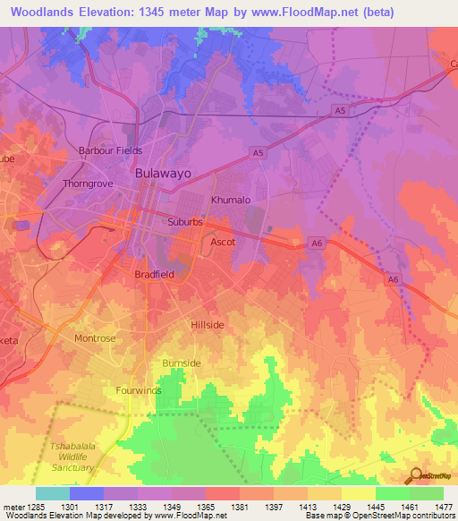 Woodlands,Zimbabwe Elevation Map