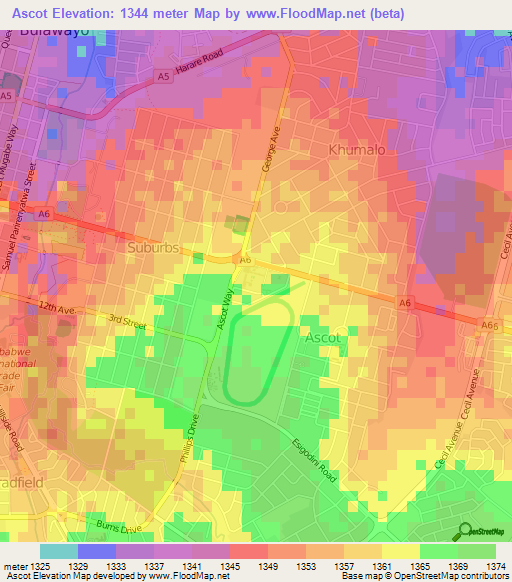 Ascot,Zimbabwe Elevation Map