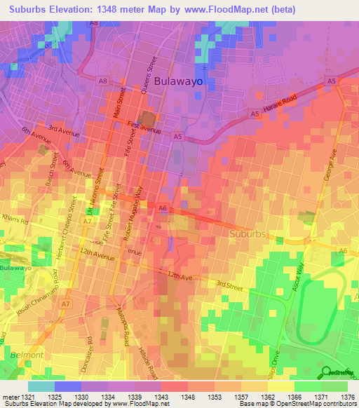 Suburbs,Zimbabwe Elevation Map