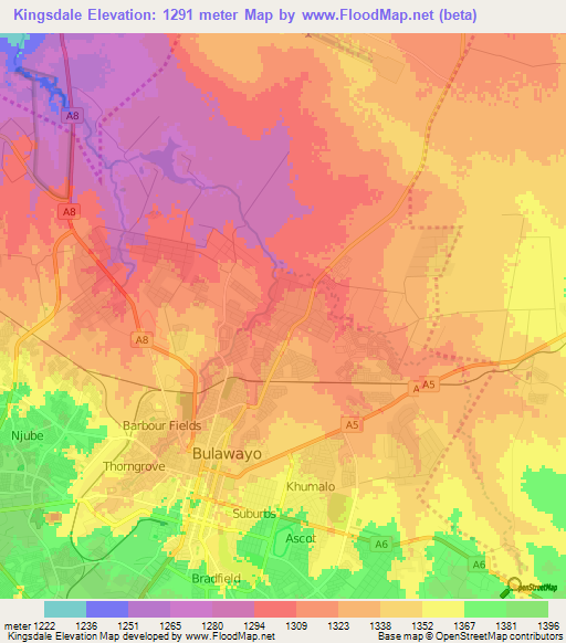 Kingsdale,Zimbabwe Elevation Map