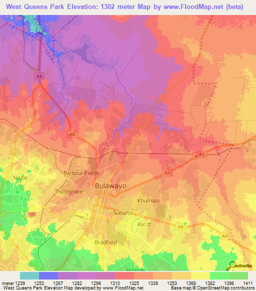 West Queens Park,Zimbabwe Elevation Map