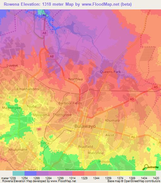 Rowena,Zimbabwe Elevation Map