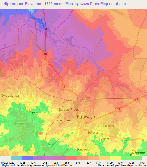 Highmount,Zimbabwe Elevation Map