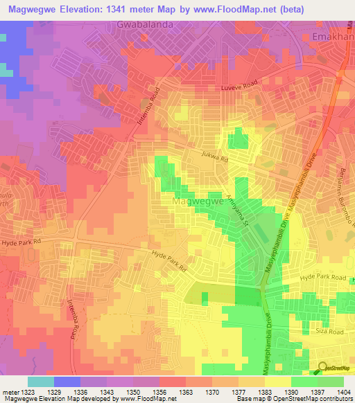 Magwegwe,Zimbabwe Elevation Map