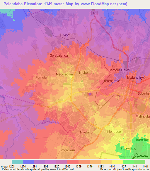 Pelandaba,Zimbabwe Elevation Map