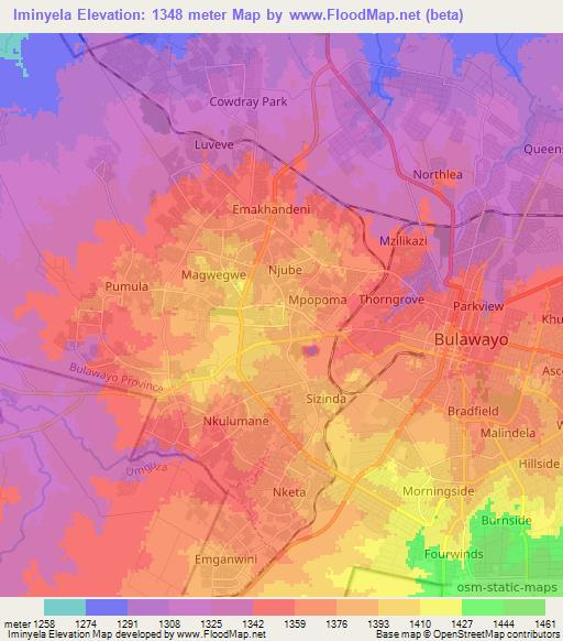 Iminyela,Zimbabwe Elevation Map