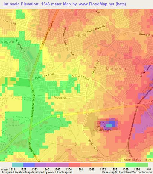 Iminyela,Zimbabwe Elevation Map