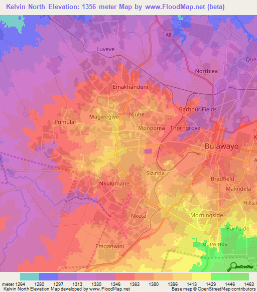 Kelvin North,Zimbabwe Elevation Map