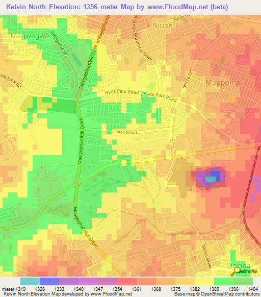 Kelvin North,Zimbabwe Elevation Map